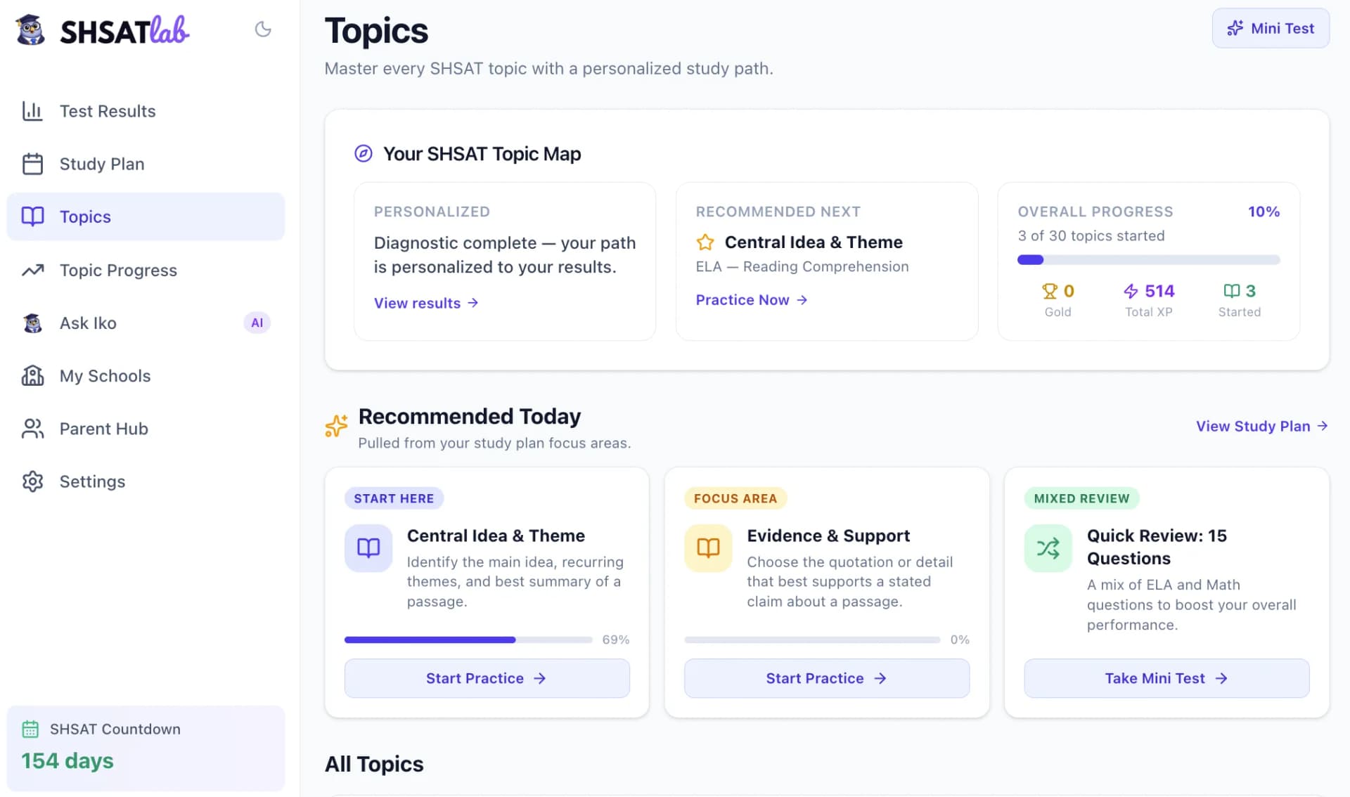 SHSATlab practice topics page showing recommended topics based on diagnostic results
