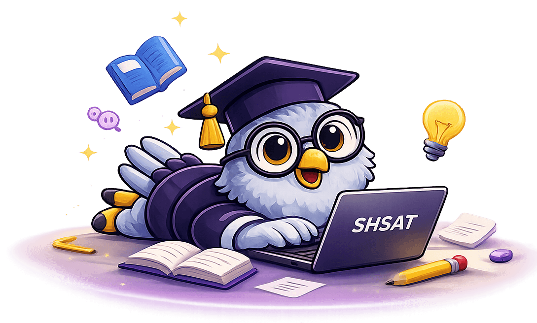 SHSATlab owl mascot studying for the SHSAT with books and a laptop