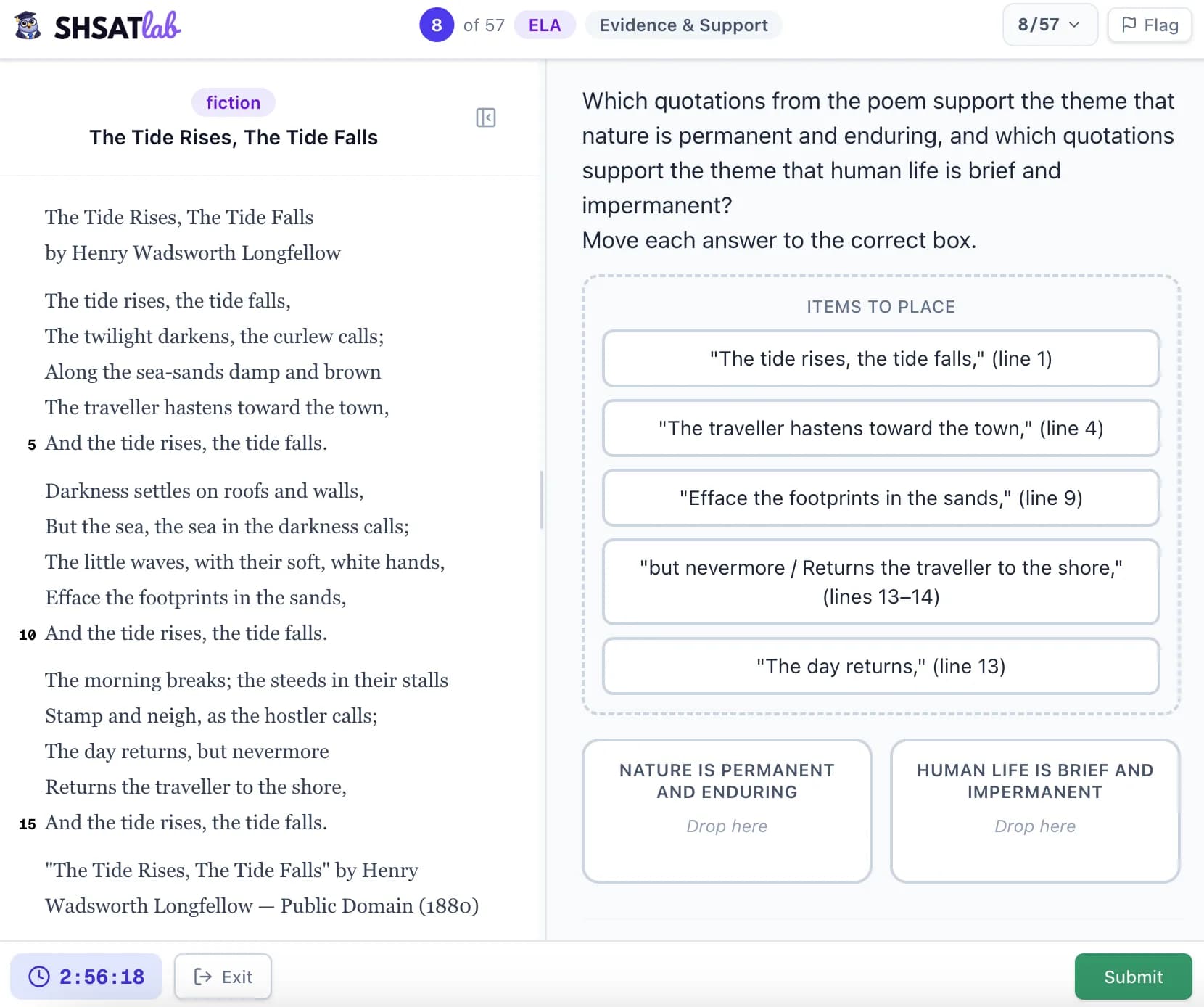 SHSAT TEI drag-and-drop categorize question — sort quotations into two themed boxes