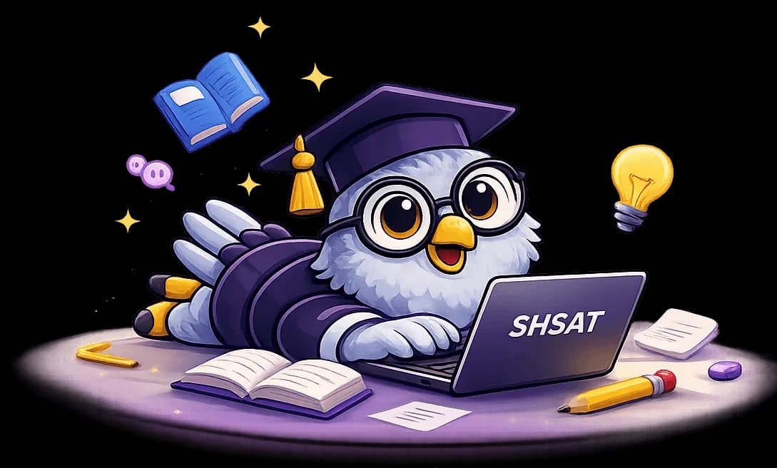 SHSATlab owl mascot Iko studying for the SHSAT with laptop and books