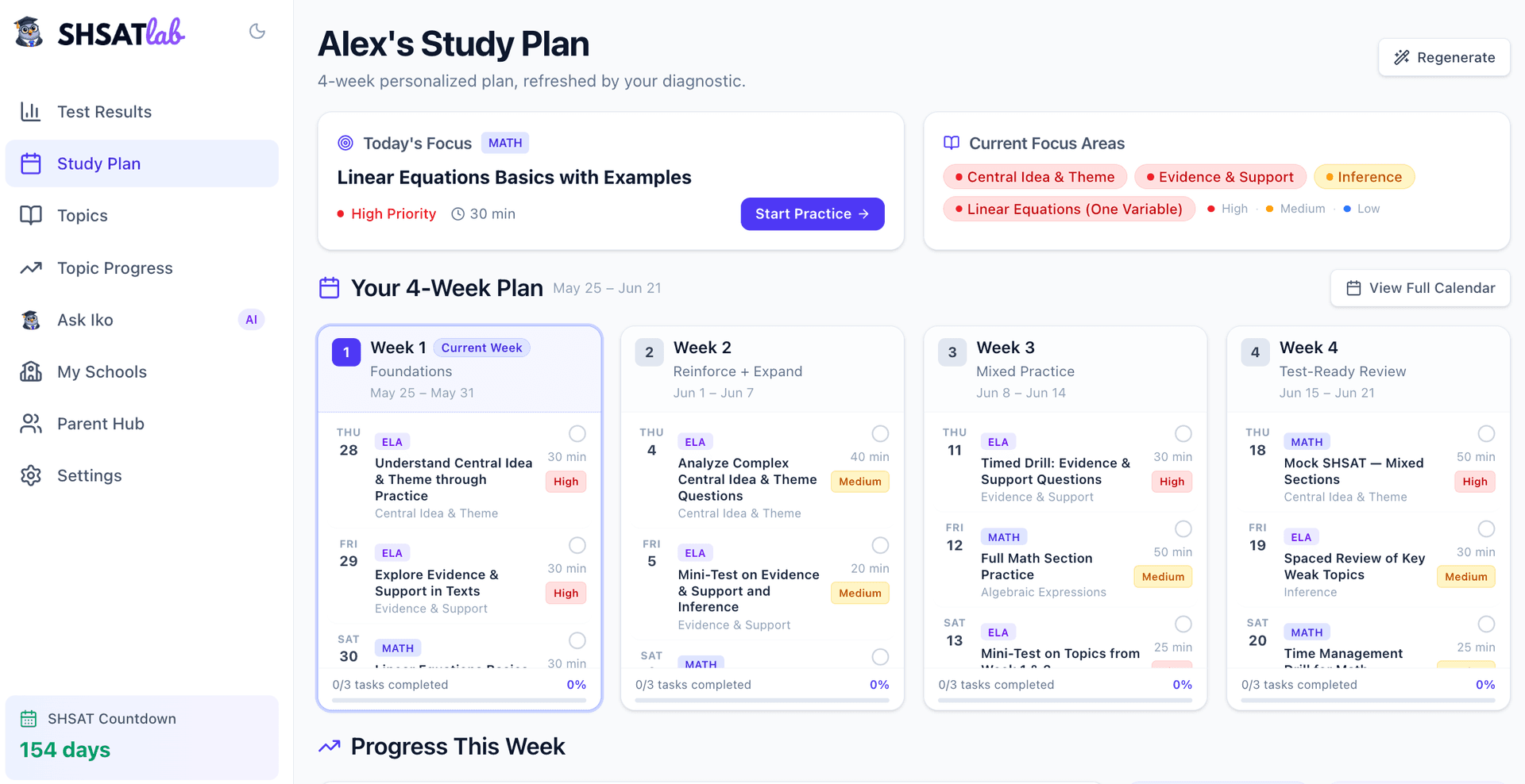 SHSATlab personalized study plan with a 4-week calendar, daily focus areas, priority labels, and session lengths