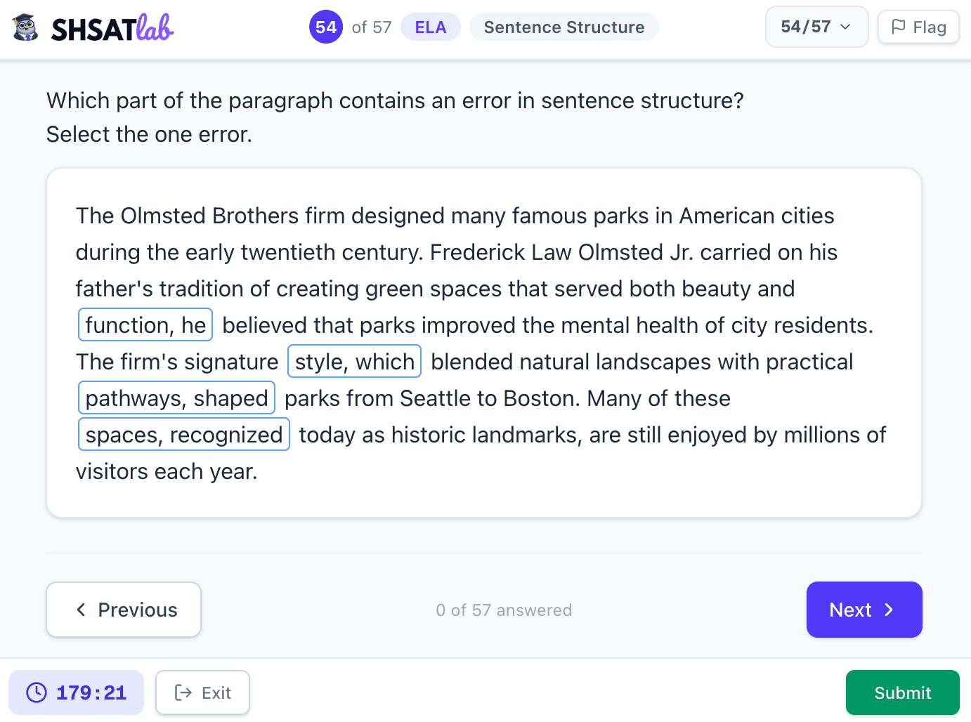 SHSAT ELA clickable text selection — click the word or phrase that contains the error
