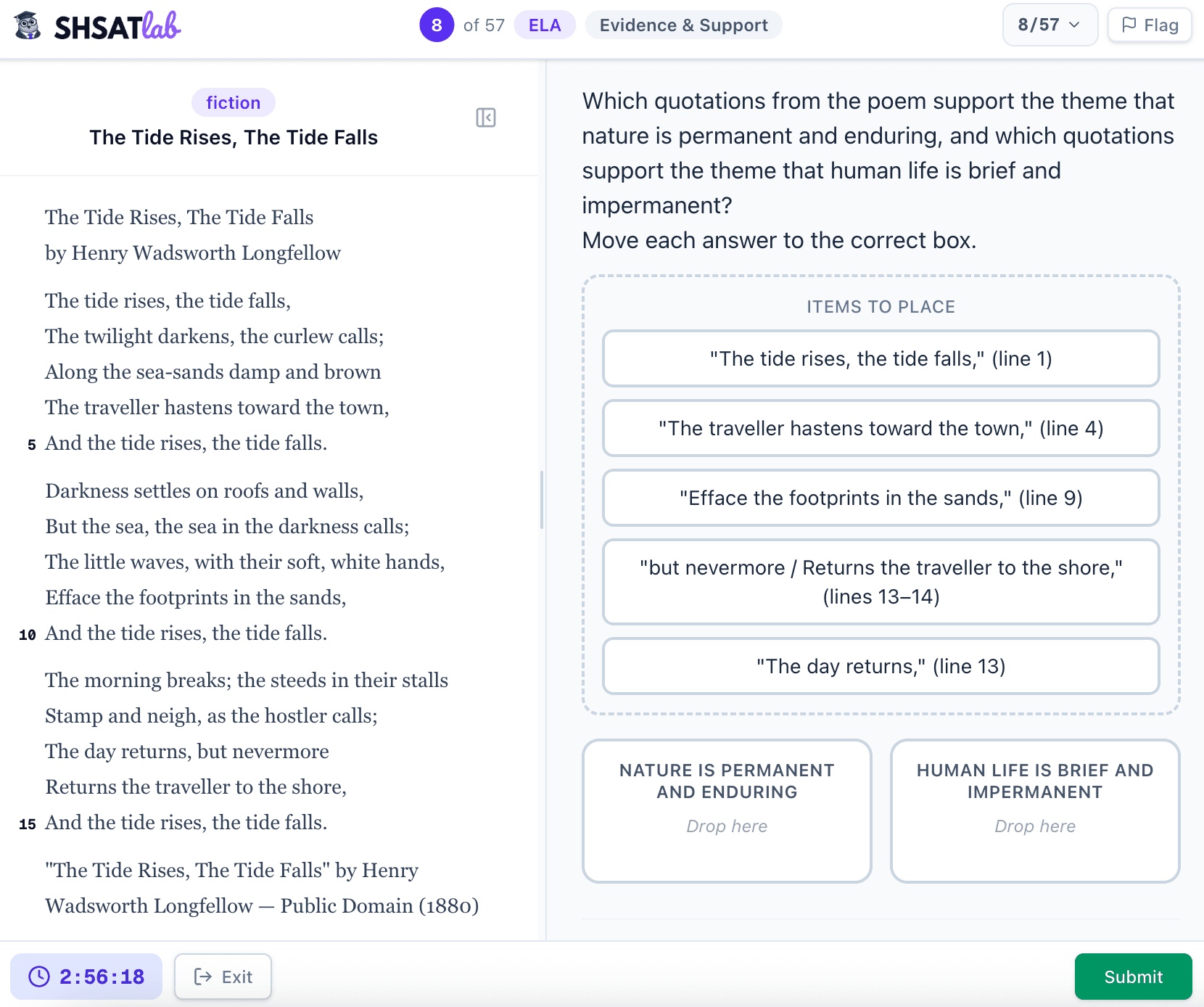 SHSAT ELA drag-and-drop categorize — sort quote chips into two theme boxes