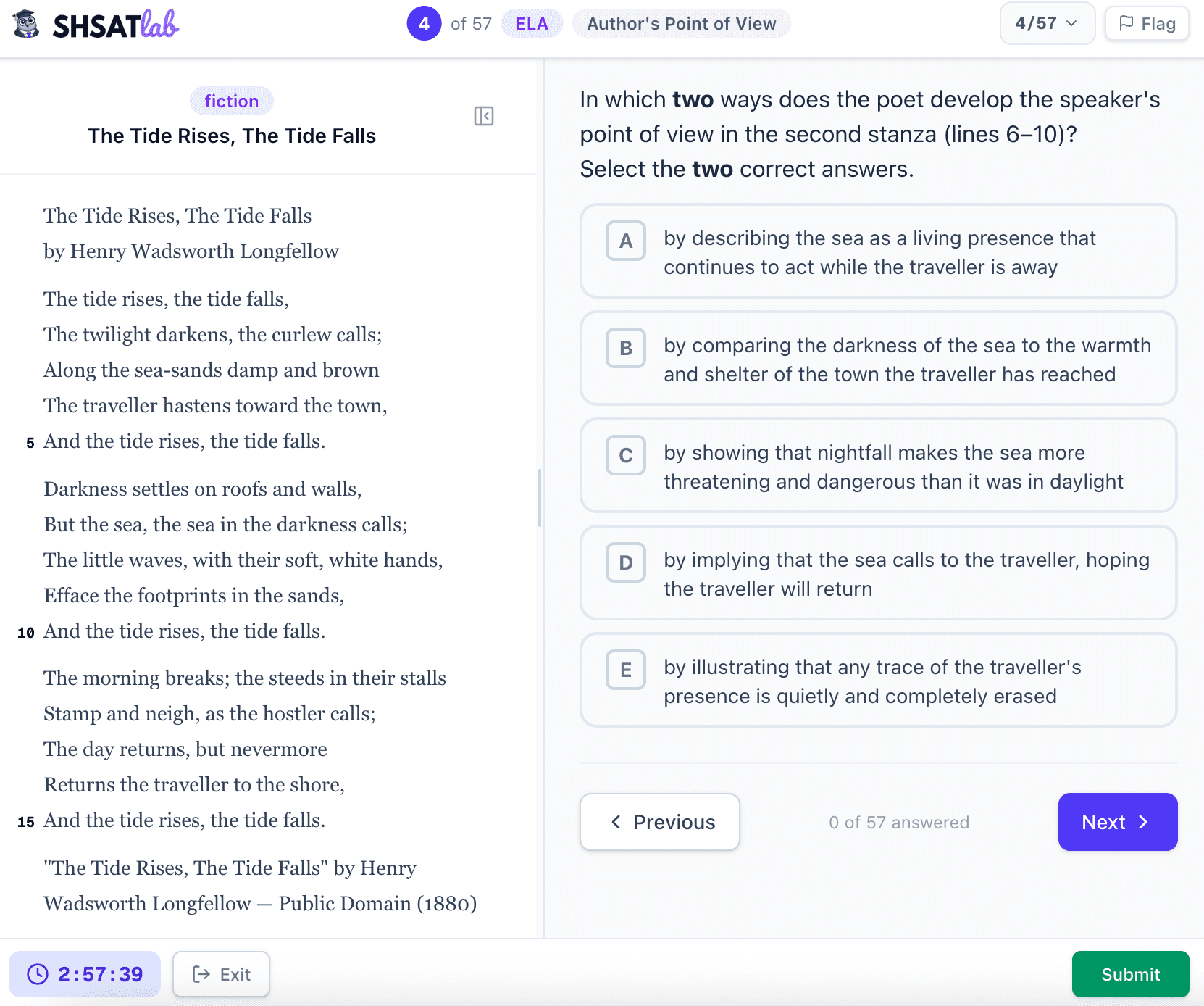 SHSAT ELA multi-select question — select the two correct answers