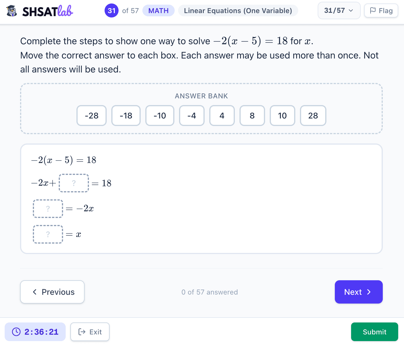 SHSAT Math equation fill drag-and-drop — drag number chips into blanks in a multi-step equation