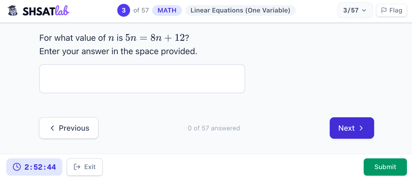SHSAT Math grid-in — type a numeric answer directly with no answer choices