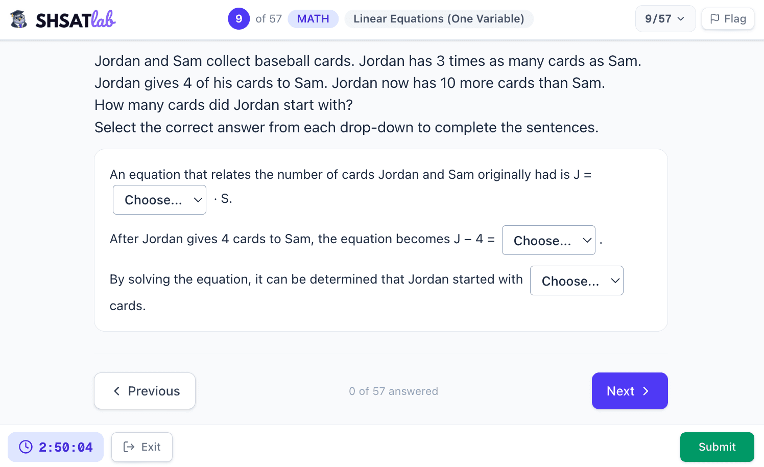 SHSAT Math inline dropdown — select answers from menus embedded in a sentence