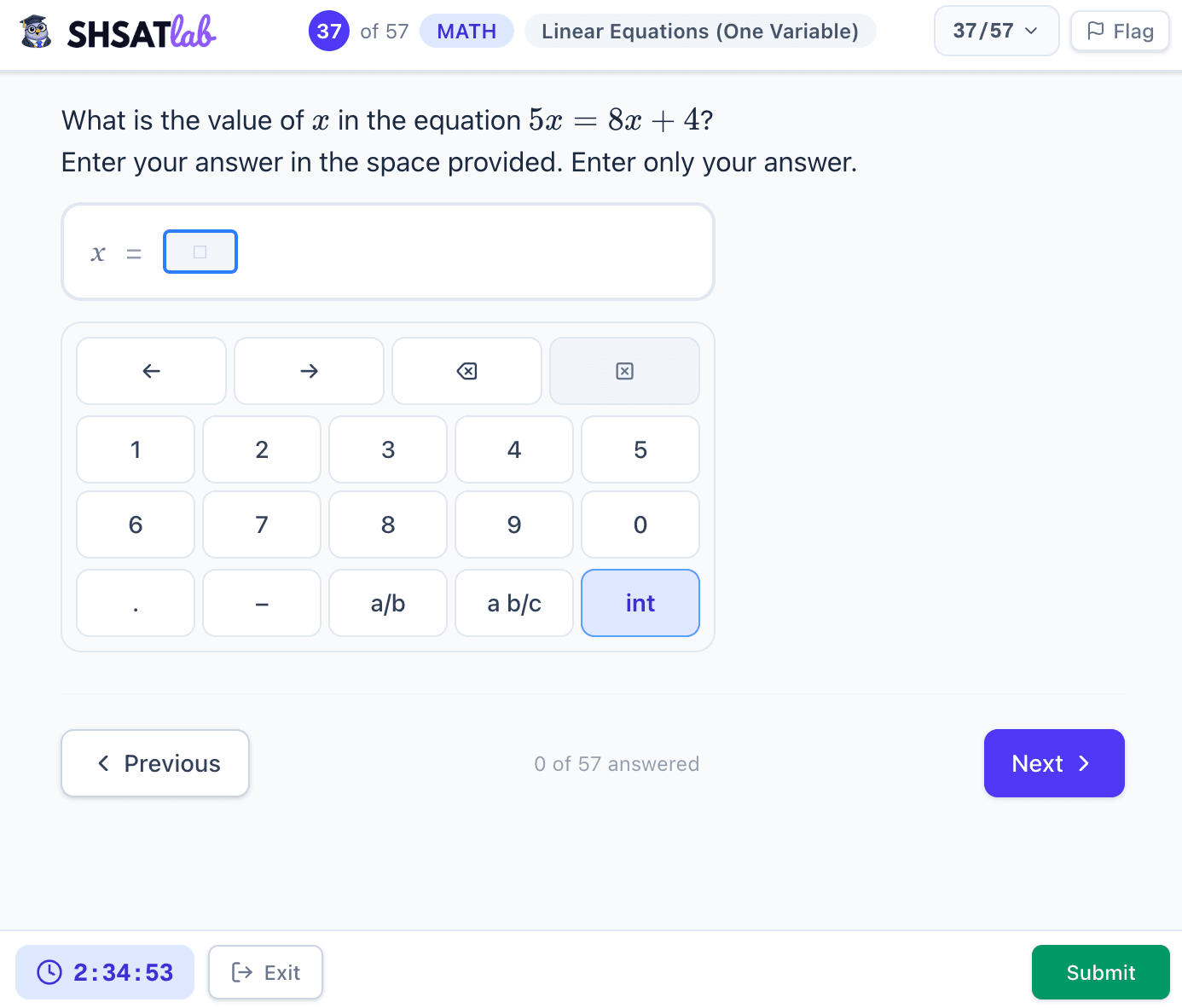 SHSAT Math grid-in with on-screen numeric keypad for whole numbers, decimals, negatives, and fractions