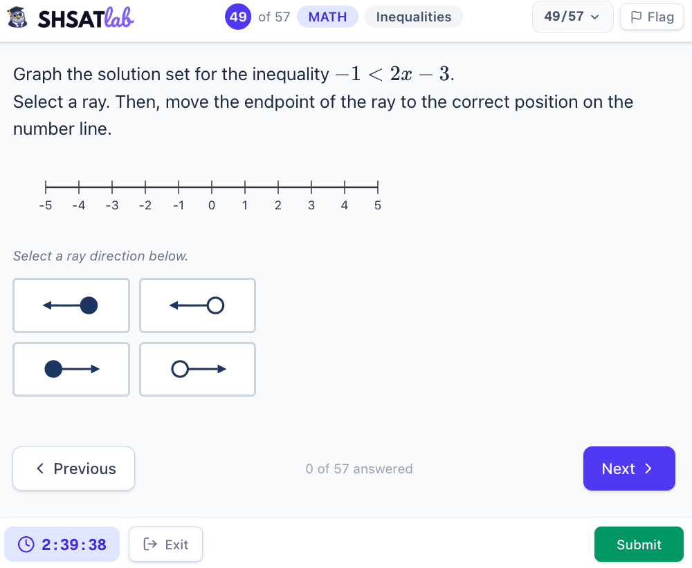 SHSAT Math number line drag — drag a solution-set ray to the correct position