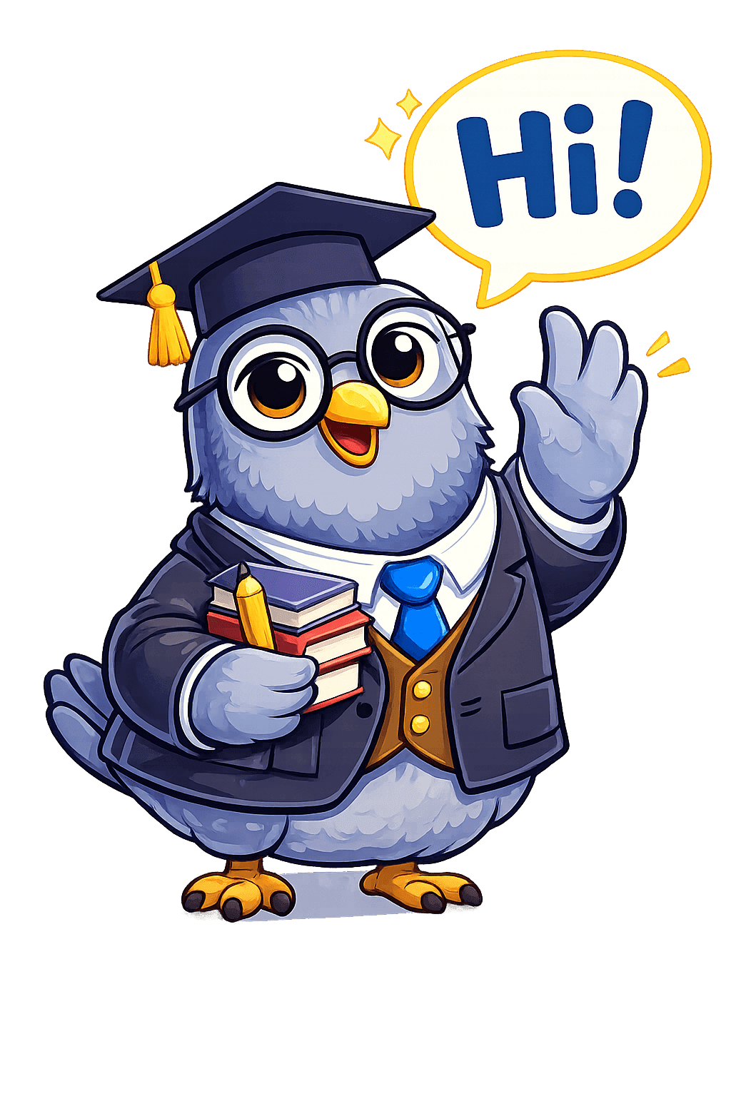 Iko, the SHSATlab AI professor mascot, an owl in a graduation cap waving hello